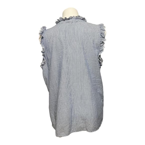 Talbots xl Blue White Striped Sleeveless Ruffle Detail Button Down Shirt - Picture 4 of 6
